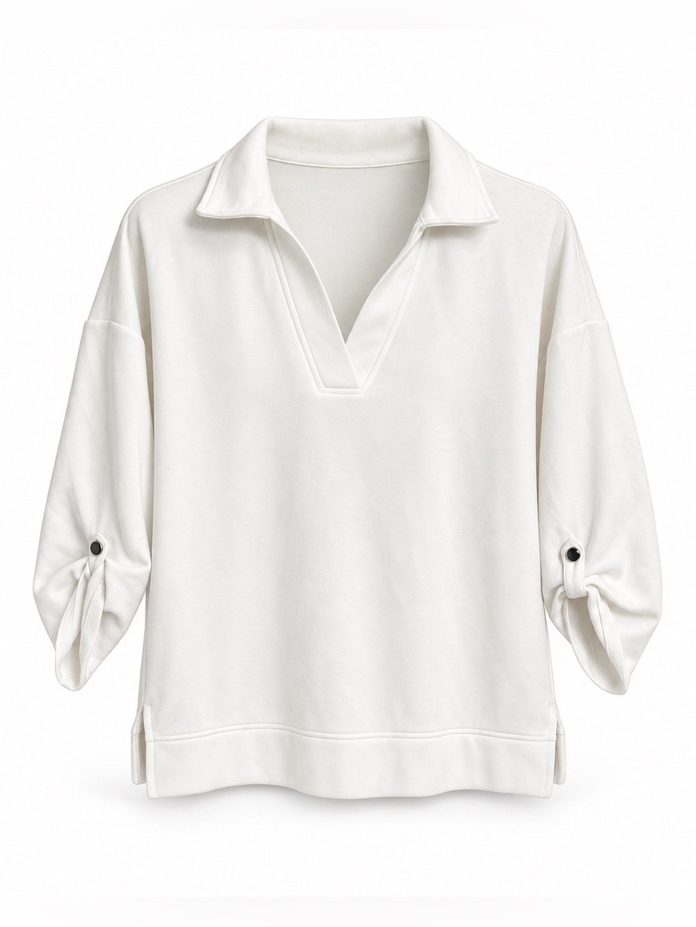 Cable & Gauge Studio Women’s Medium White Collared V-Neck Roll Tab Sleeve Top